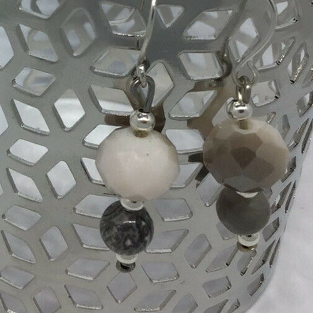Artisan Earrings Silver Tone Stone Bead Dangle